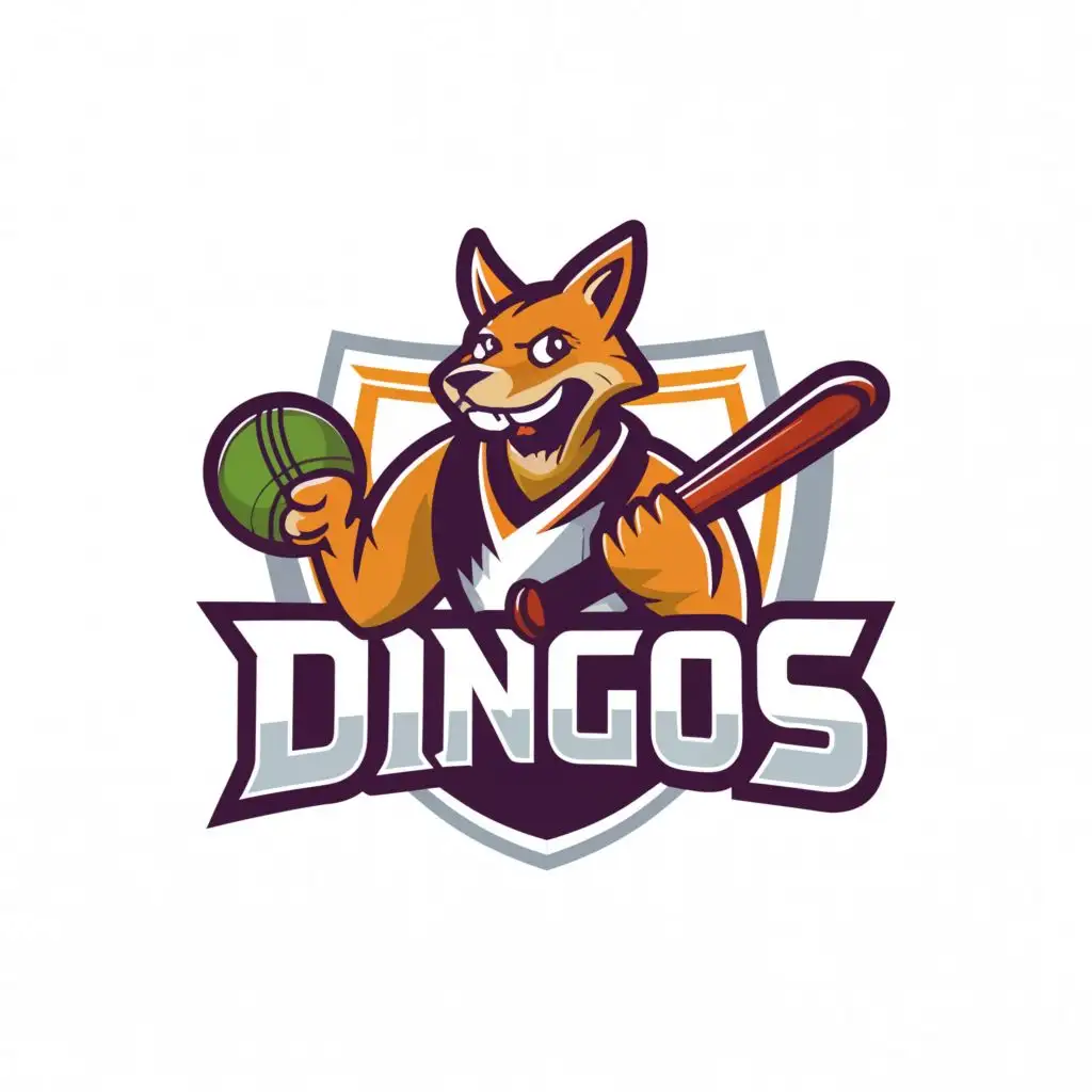 a logo design,with the text "Dingos", main symbol:Stylized Dingo with cricket bat and ball,Moderate,be used in Sports Fitness industry,clear background
