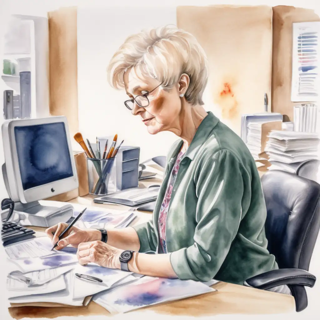 Senior Businesswoman Working in Office Watercolor Portrait