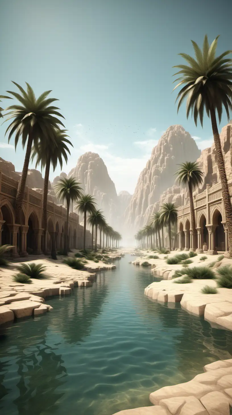 a desert oasis in the year 1200ad with only palm trees and water