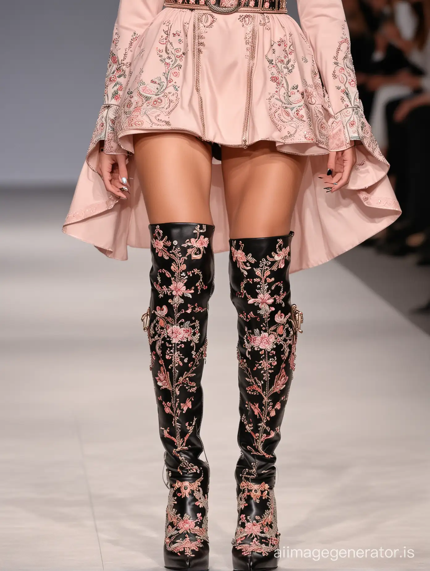 Fashion-Model-Seductive-Mongol-Redhead-Struts-in-Elaborate-PowderColored-Ensemble-and-ThighHigh-Boots