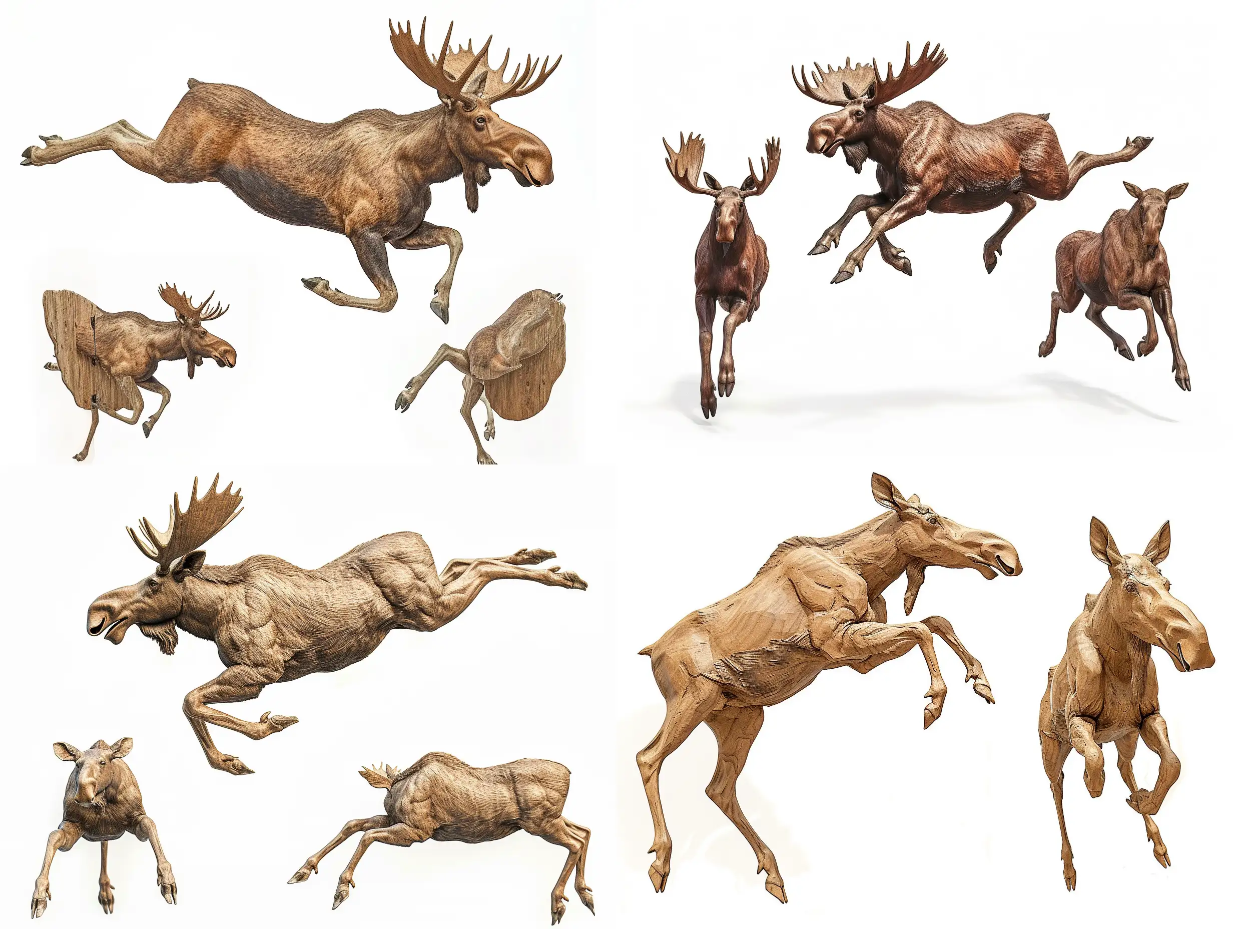 Professional sketch for wooden sculpture, a full-length moose jumping full-face and in profile, professional dynamic character, front back view and side view, wood carving, white background, 8k Render, ultra realistic