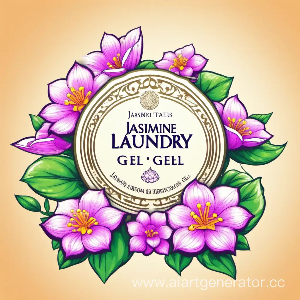 create a label with a logo for a laundry gel, according to European standards, everything should be bright and beautiful, title - Jasmine (heroine of oriental fairy tales)