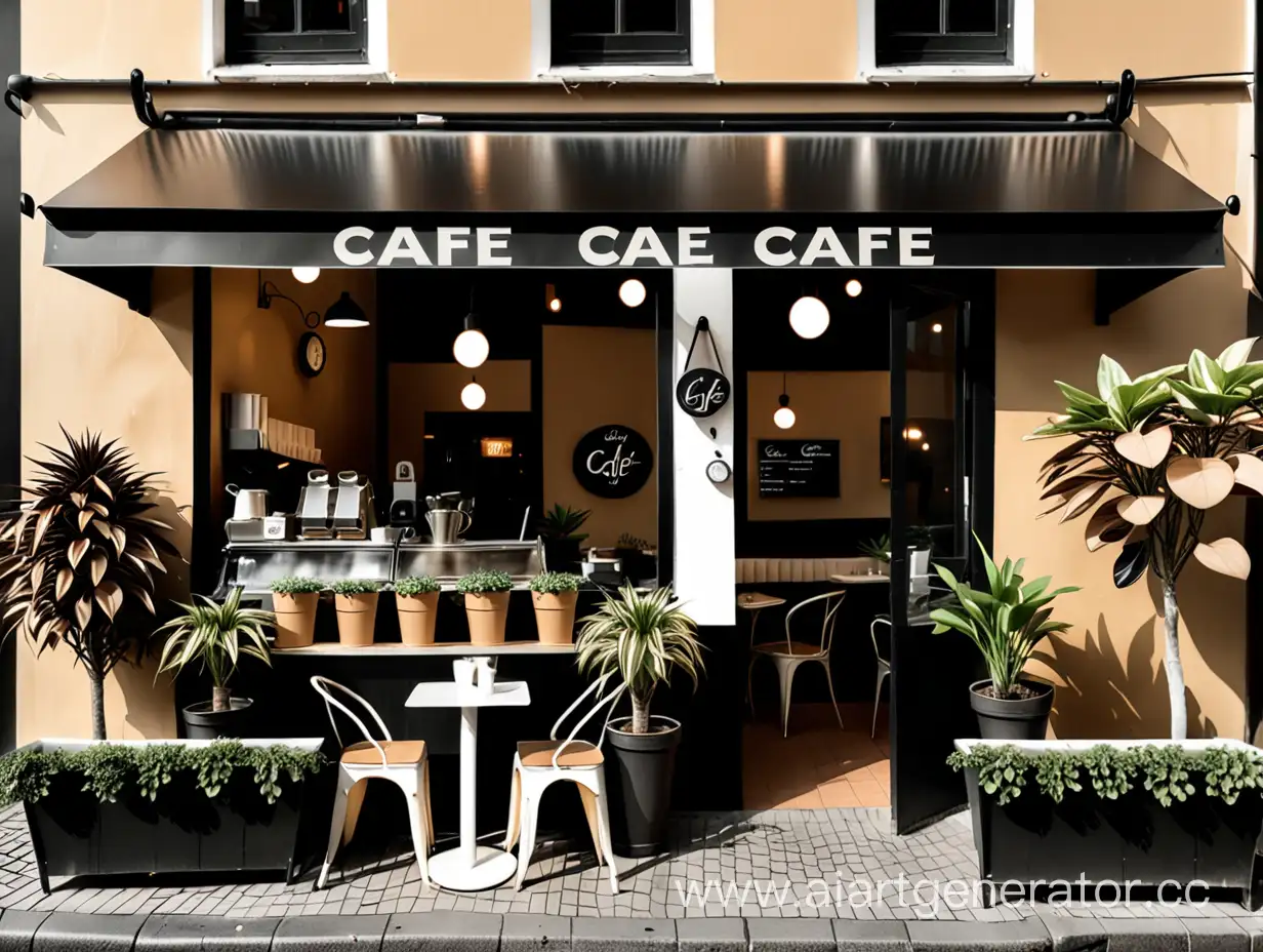 небольшое кафе в черных, белых и светлокоричневых оттенках и НЕМНОГО растений