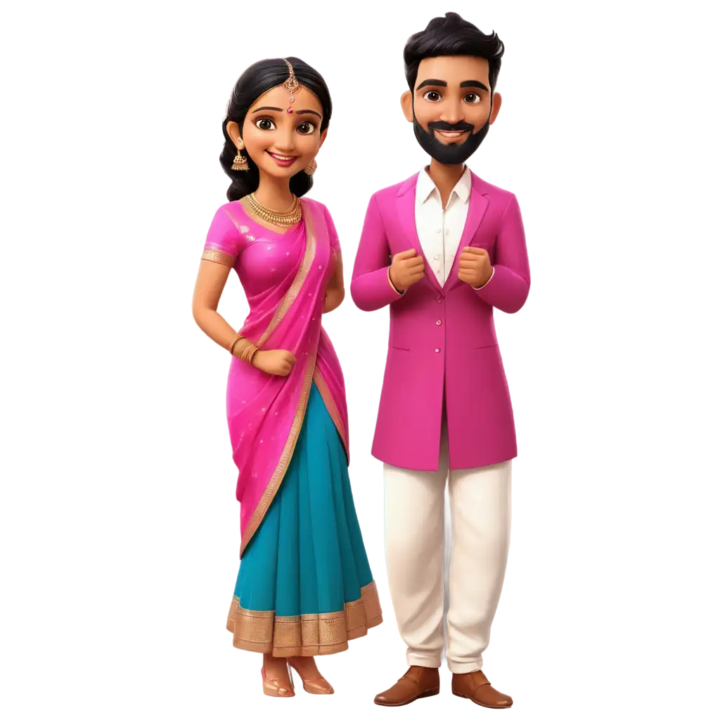 Exquisite-South-Indian-Wedding-Caricature-in-Pinkish-Attire-of-Bride-in-Saree-and-Groom-in-Lungi-HighQuality-PNG-Image