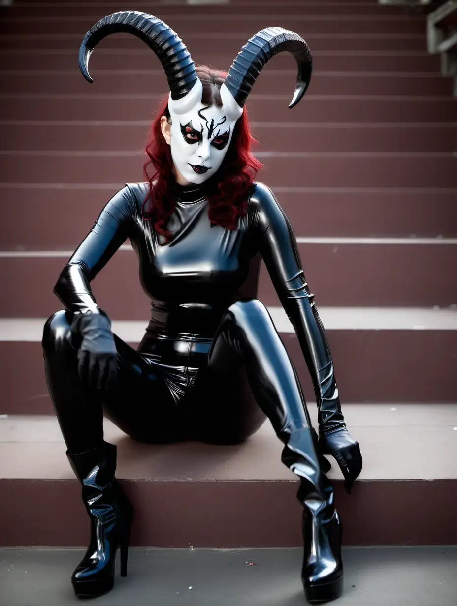 Seductive Devil Woman in Latex Suit with Goat Horns