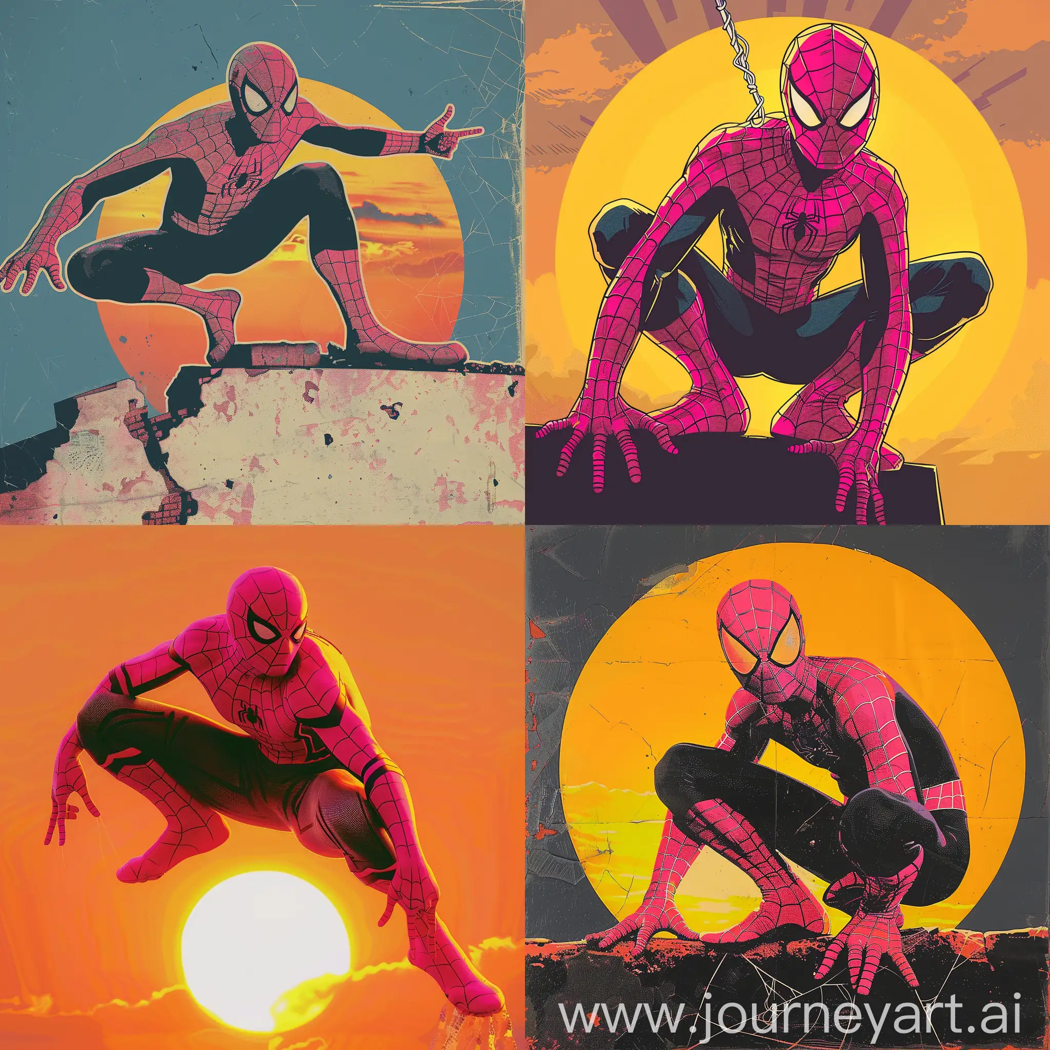 pink spider-man on the setting sun 
