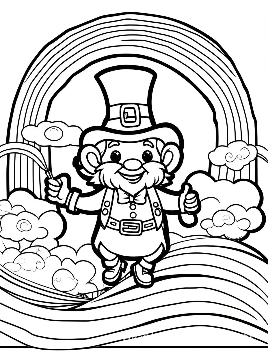 A leprechaun riding a rainbow, Coloring Page, black and white, line art, white background, Simplicity, Ample White Space. The background of the coloring page is plain white to make it easy for young children to color within the lines. The outlines of all the subjects are easy to distinguish, making it simple for kids to color without too much difficulty