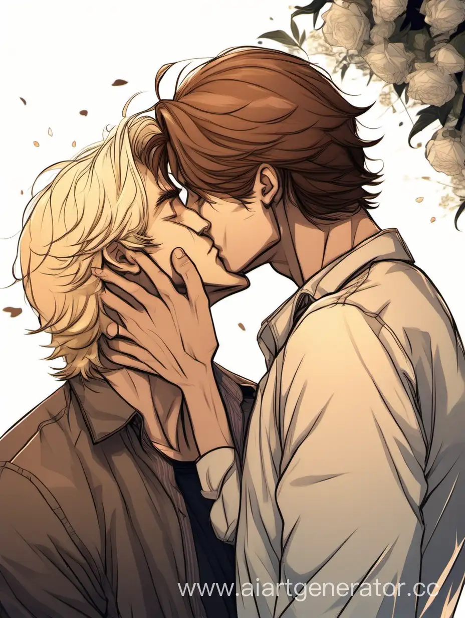 two guys are kissing, a blond man with long hair is above, tall, a brown-haired man with short hair is below, shorter, the brown-haired man has tears running down his cheeks, the blond man is holding his face with his hands, gentle, romantic, First kiss, side view