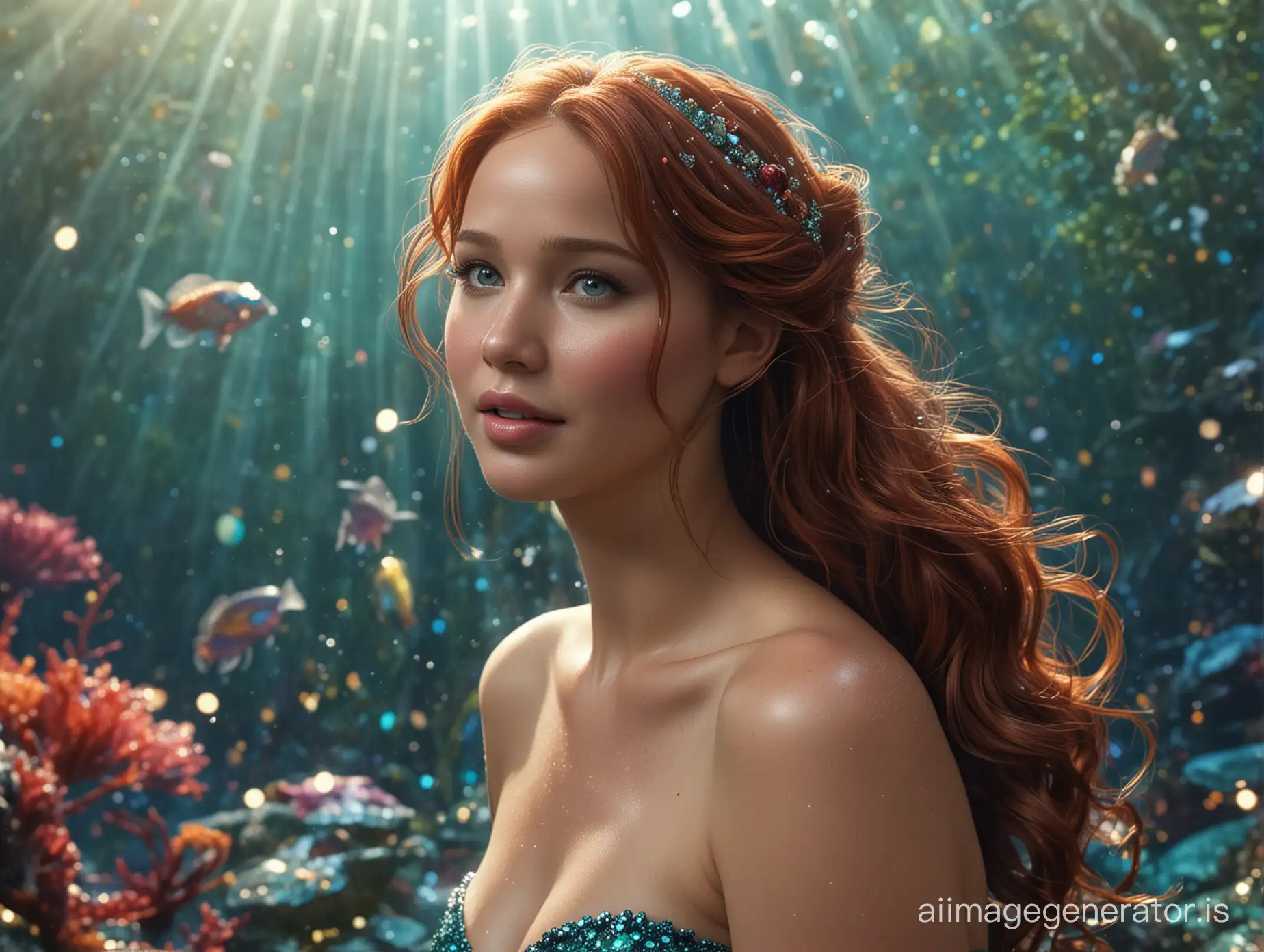 the Little Mermaid Jennifer Lawrence, vogue,128k, 300dpi, VR, ultra-photorealistic, ultra-microdetailed, hyperdetalization, hyperrealism ,bright juicy colors, bokeh, glitter, clear contours of the edge line, octane render