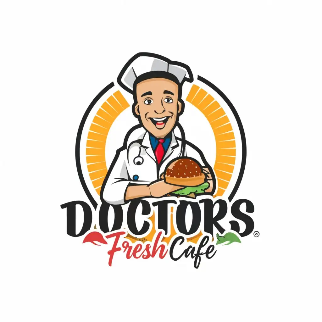 a logo design, with the text Doctor’s fresh cafe, main symbol: Doctor with fast food making, burger, to be used in Restaurant industry, clear background