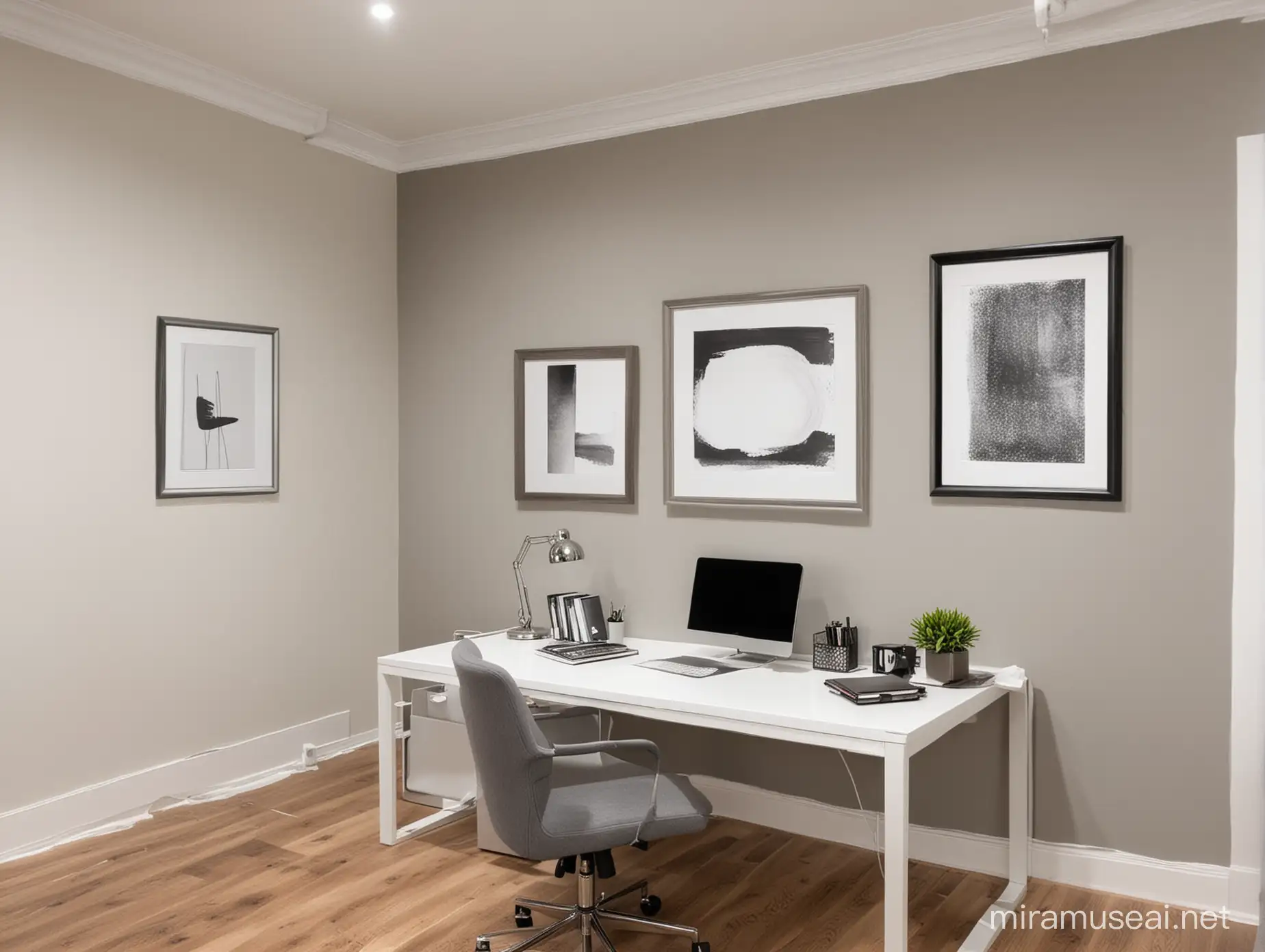 office with framed wall paint in the back 150x60