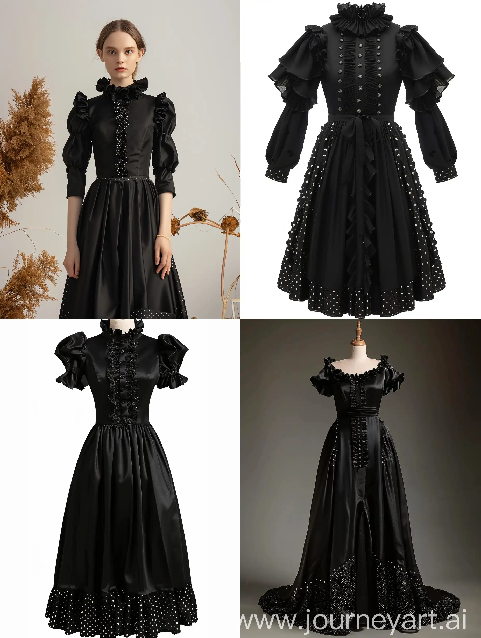 Long black maxi dress with a ruffled collar, 4 fold waist, satin, polka dot down to the knees, 10 centimeter short sleeves on the arms.