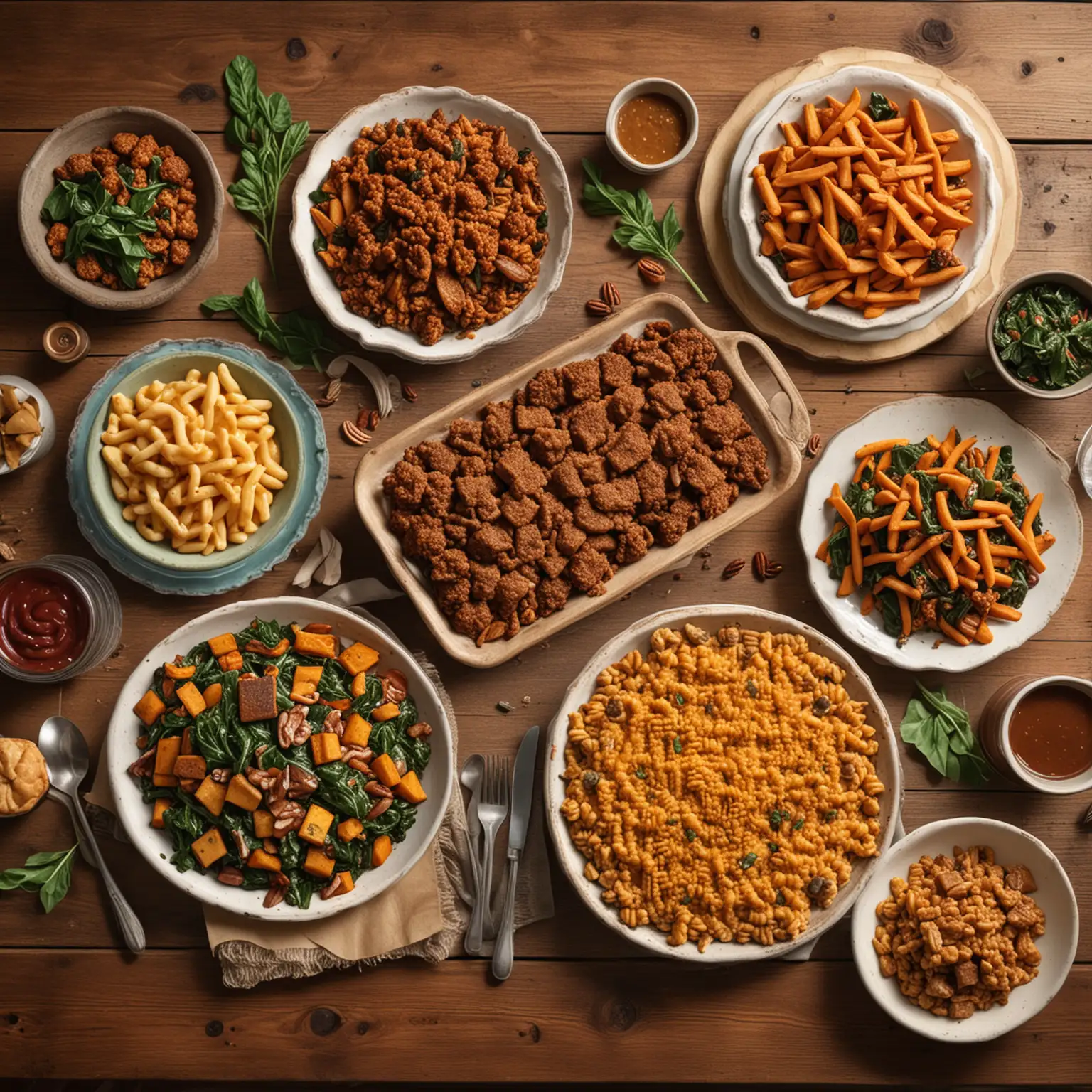 A photorealistic image of a rustic wooden table filled with a variety of delicious plant-based soul food dishes. Some examples of dishes could be a plate of vegan mac and cheese with a side of collard greens, a black bean burger on a whole wheat bun with sweet potato fries, and a slice of vegan pecan pie. The background can be a warm inviting kitchen with exposed brick and stainless steel appliances.