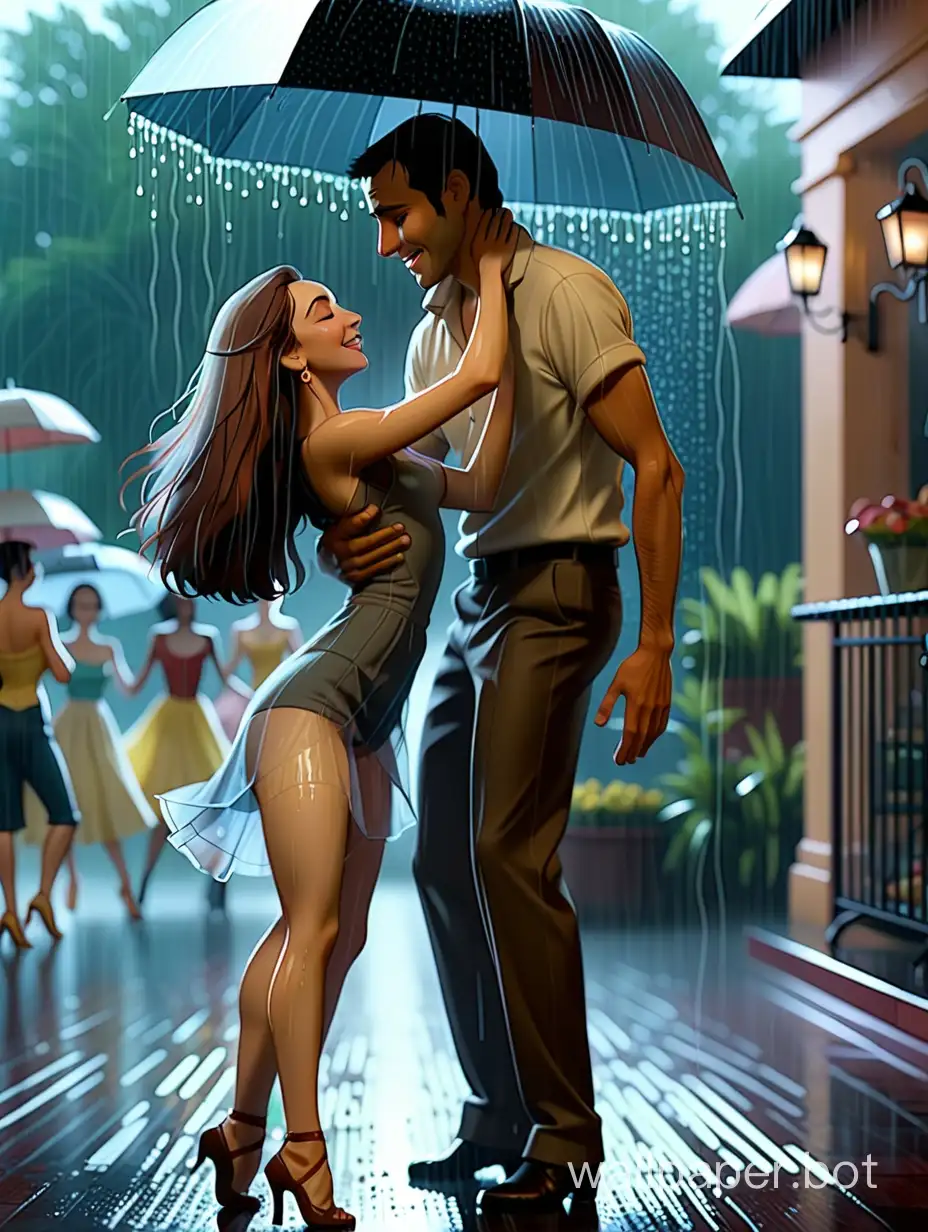 A man looking at a woman dancing under the rain