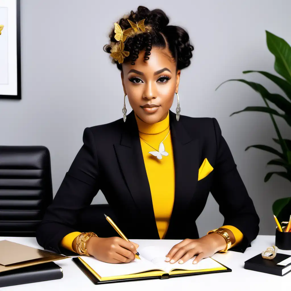 confident black woman, radiating style with her elegant afro curly bun updo, makeup, and shimmering gold jewelry, including multiple silver and  gold bracelets. tailored suit and stylish short boots. The office is vibrant yellow theme, from the fancy cushioned couch next to the desk adorned with binders, papers, pens, and pencils. She sits at the desk, writing in her journal with butterflies while a dazzling office sign boldly '2024' in shimmering diamonds.