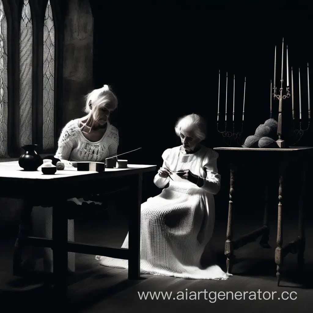 В большом готическом темном зале за столом. Пожилая женщина в белом платье сидит и вяжет спицами . В долике стоит девушка в черном готическом платье 