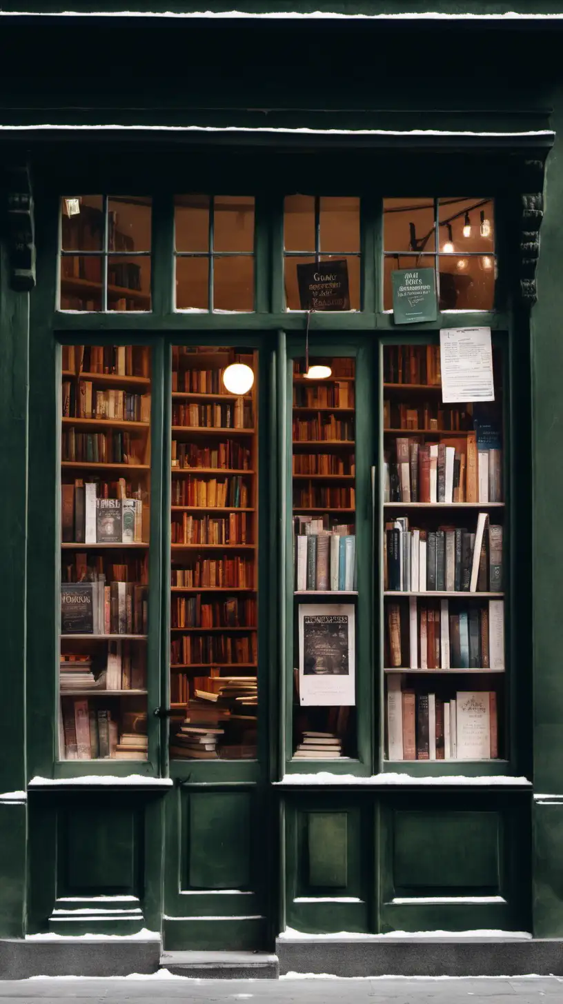 exterior of a bookshop window with a cozy atomsphere, no words