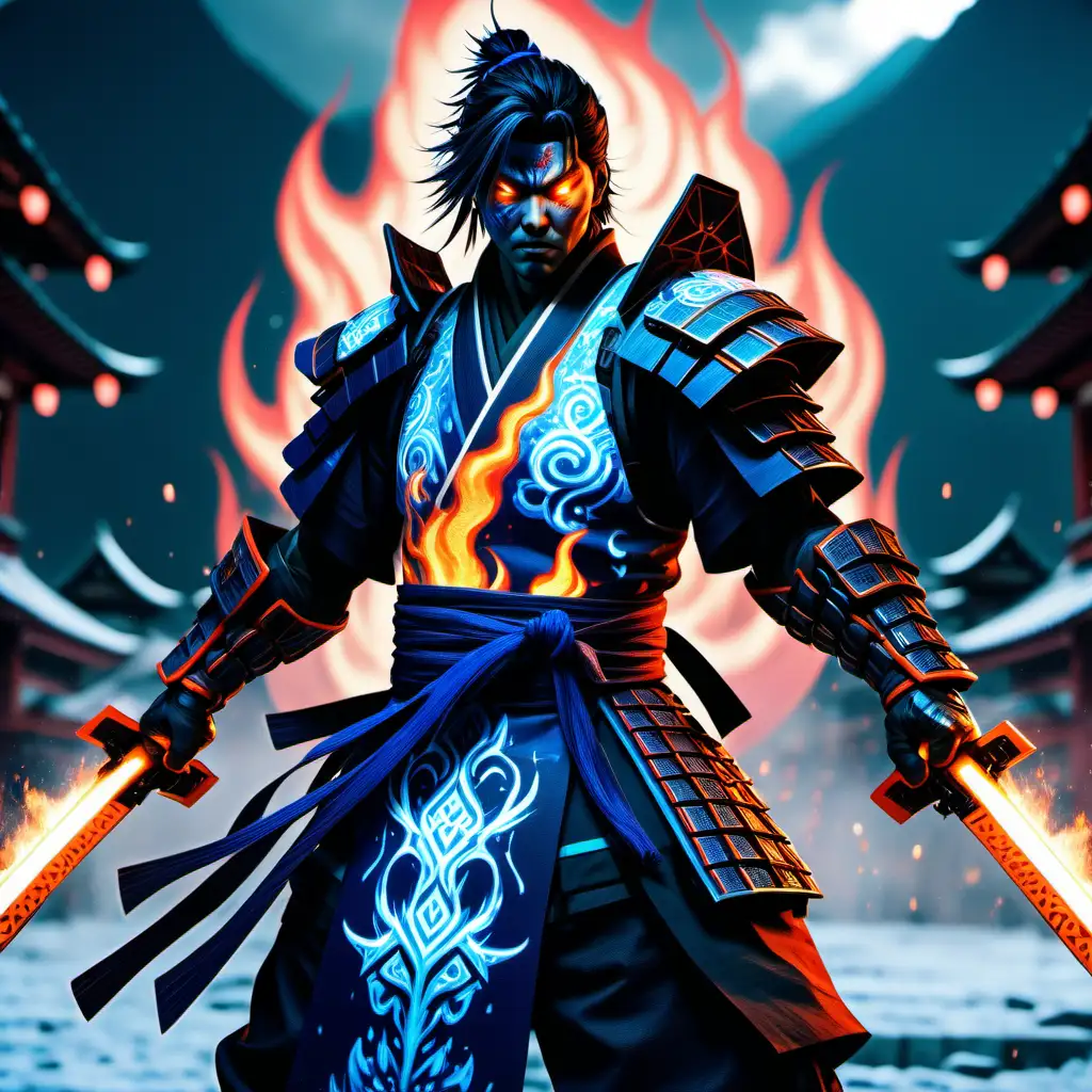high definition simulation of a video game action scene with  multiple cyberpunk Samurai ninja  With glowing fire fists wearing a beautiful frozen kimono with blue black and orange sacred geometry and armored shoulder guards

IN A MASSIVE BATTLE

 with other 
high definition simulation of a video game world boss character creation screen with cyberpunk Samurai ninja  With glowing fire fists wearing a beautiful frozen kimono with blue black and orange sacred geometry and armored shoulder guards

in a magical elemental field comprised of beautiful  magical high fantasy japanese scenery flowing clouds and rivers 