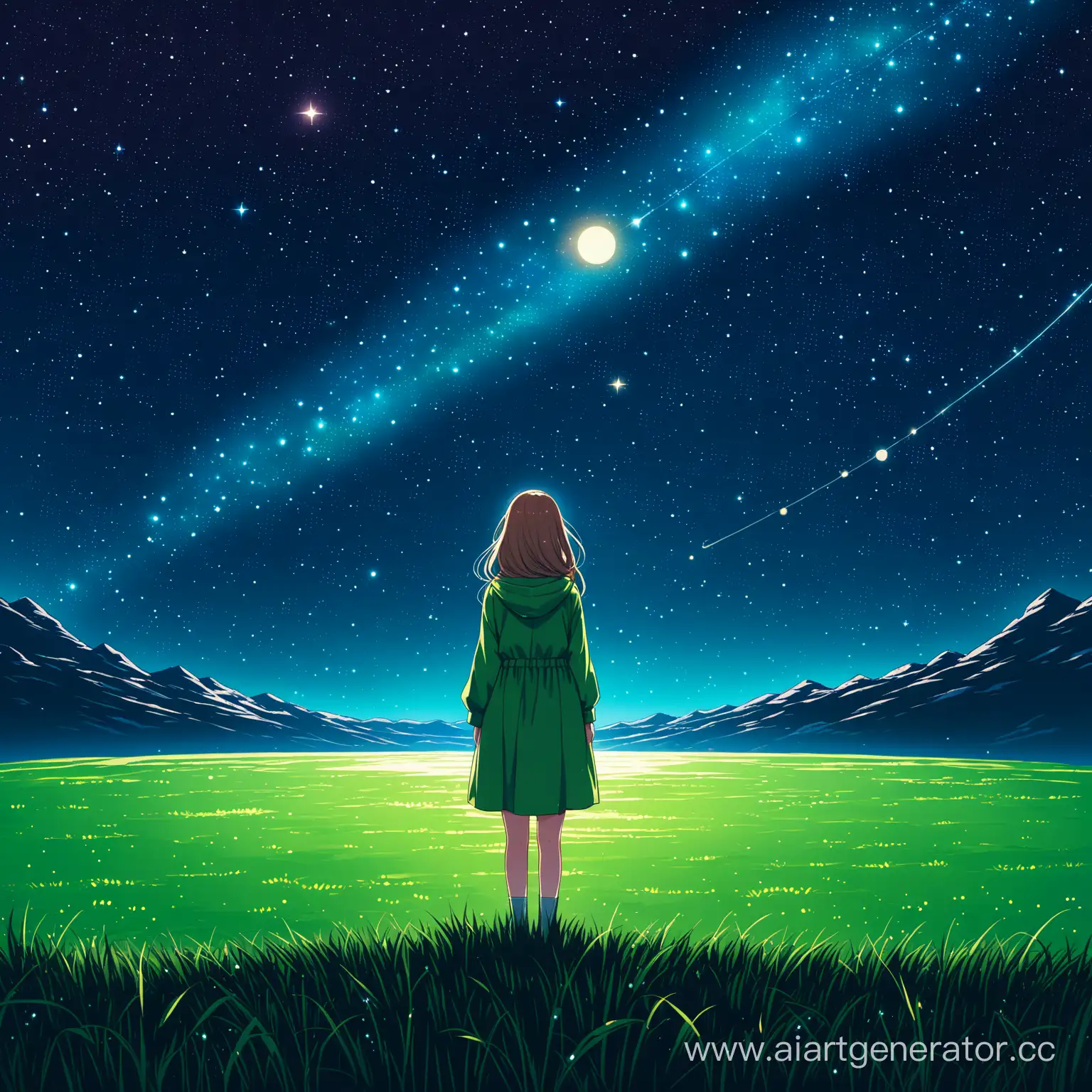 Girl-Standing-on-Green-Grass-Under-Starry-Sky-with-Visible-Planets