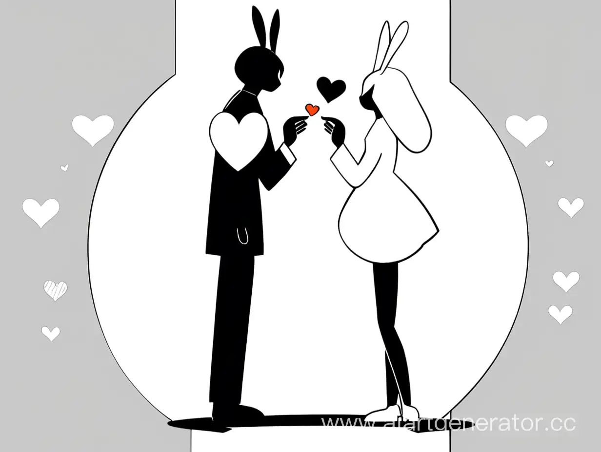 2 зайца в полный рост, влюблённые,  смотрящих друг на друга и держащие сердце, в черно белом цвете , в стиле мультяшек