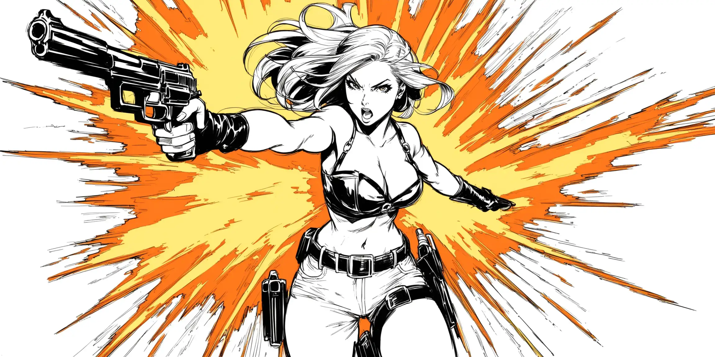 Make pencil line drawing danger girl with guns blazing on white background 