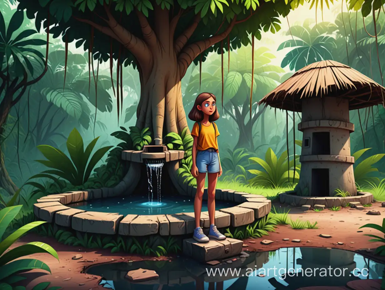 cartoon style, 8k, 15 years old girl standing near a well under the big tree in the jungle