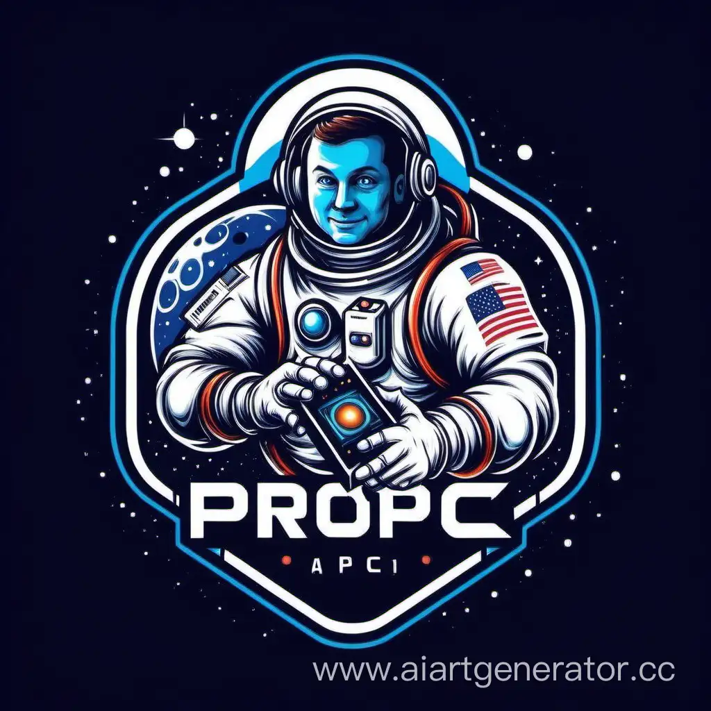 Cоздай логотип с названием "ProPC".  где космонавт держит видеокарту в руках
