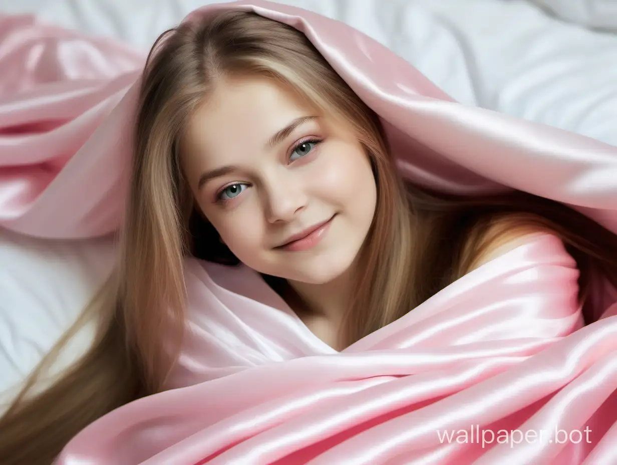 Tender, modest, sweet cutie Yulia Lipnitskaya with long, straight, silky hair lies under a gentle, airy, luxurious bright pink silk blanket and tenderly, angelically smiles