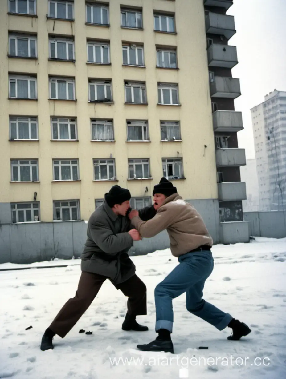 Два парня дерутся на улице зимой возле девятиэтажного в России в 1990-х годах