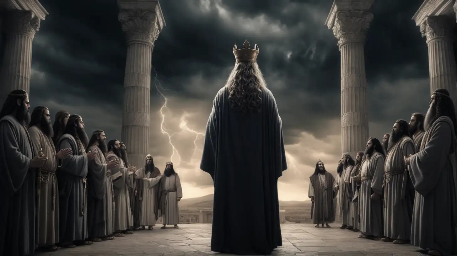 King Ahab,  strayed from the path of Yahweh, the God of Israel, followers and instead embraced the worship of the pagan deity Baal.  8k image, long hair, ancient biblical history, a palace behind, dark cloudy background