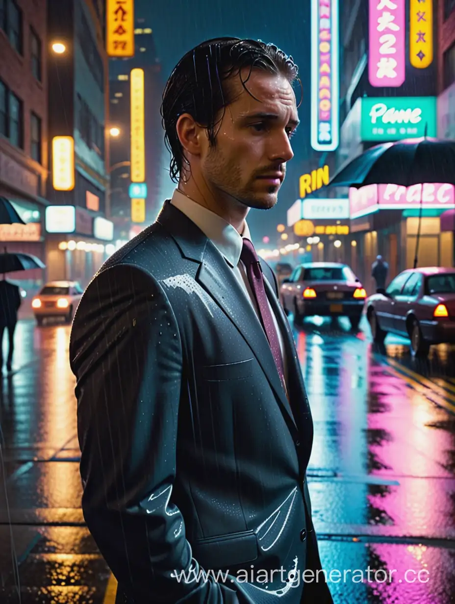 Man in a suit, standing in the rain. Pensive expression. Wet hair sticking to his forehead. Downtown district. Night. Neon signs, passing cars, people with umbrellas. Medium shot, upper body. Dramatic lighting, raindrops illuminated by the city lights, water dripping from his suit. High dynamic range. --ar 21:9
