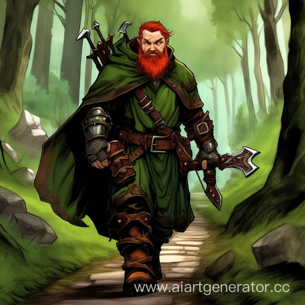 A dwarf with red, short hair and a shoulder-length beard, in a green cloak, massive boots, fingerless gloves, with a heavy crossbow on his shoulders, and two axes on his belt, and in leather armor. Walking along a path in the forest