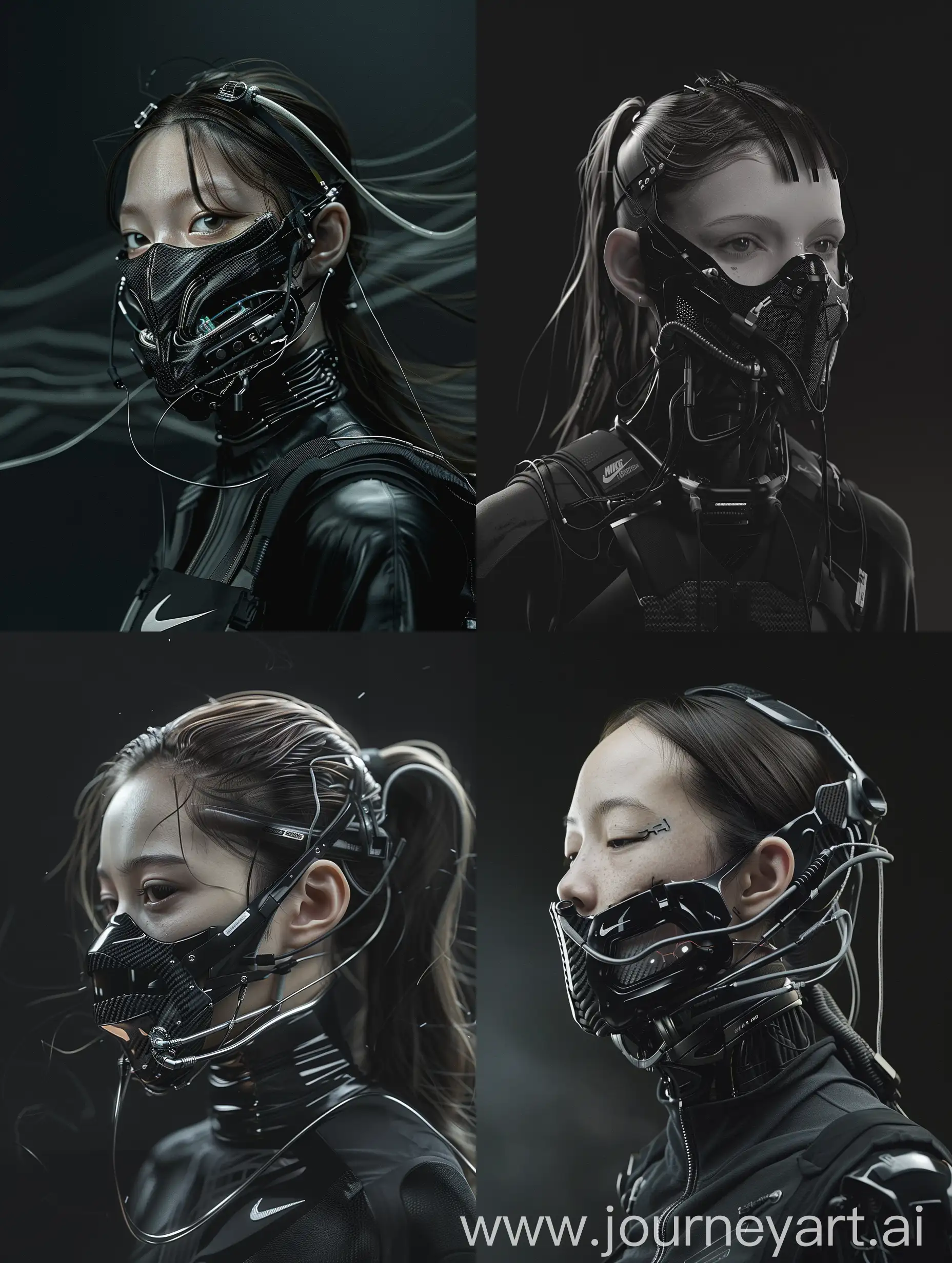 Against a sleek black backdrop, witness the captivating presence of a character adorned with a cybernetic mouth-covering mask. It seamlessly merges cutting-edge technology with intricate details, showcasing carbon fiber textures, sleek aluminum accents, and wires. Symbolizing the delicate equilibrium between humanity and machine, her appearance embodies the essence of a futuristic cyberpunk aesthetic, further accentuated by Nike-inspired add-ons. With dynamic movements reminiscent of action-packed film sequences, accompanied by cinematic haze and an electric energy, she exudes an irresistible allure that commands attention.