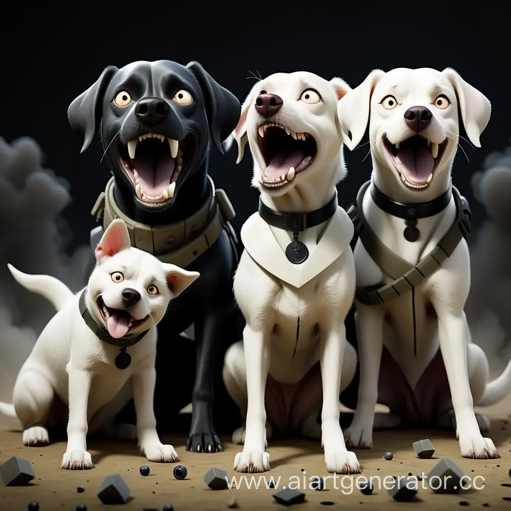 одна чёрная и три белых собаки на воене 