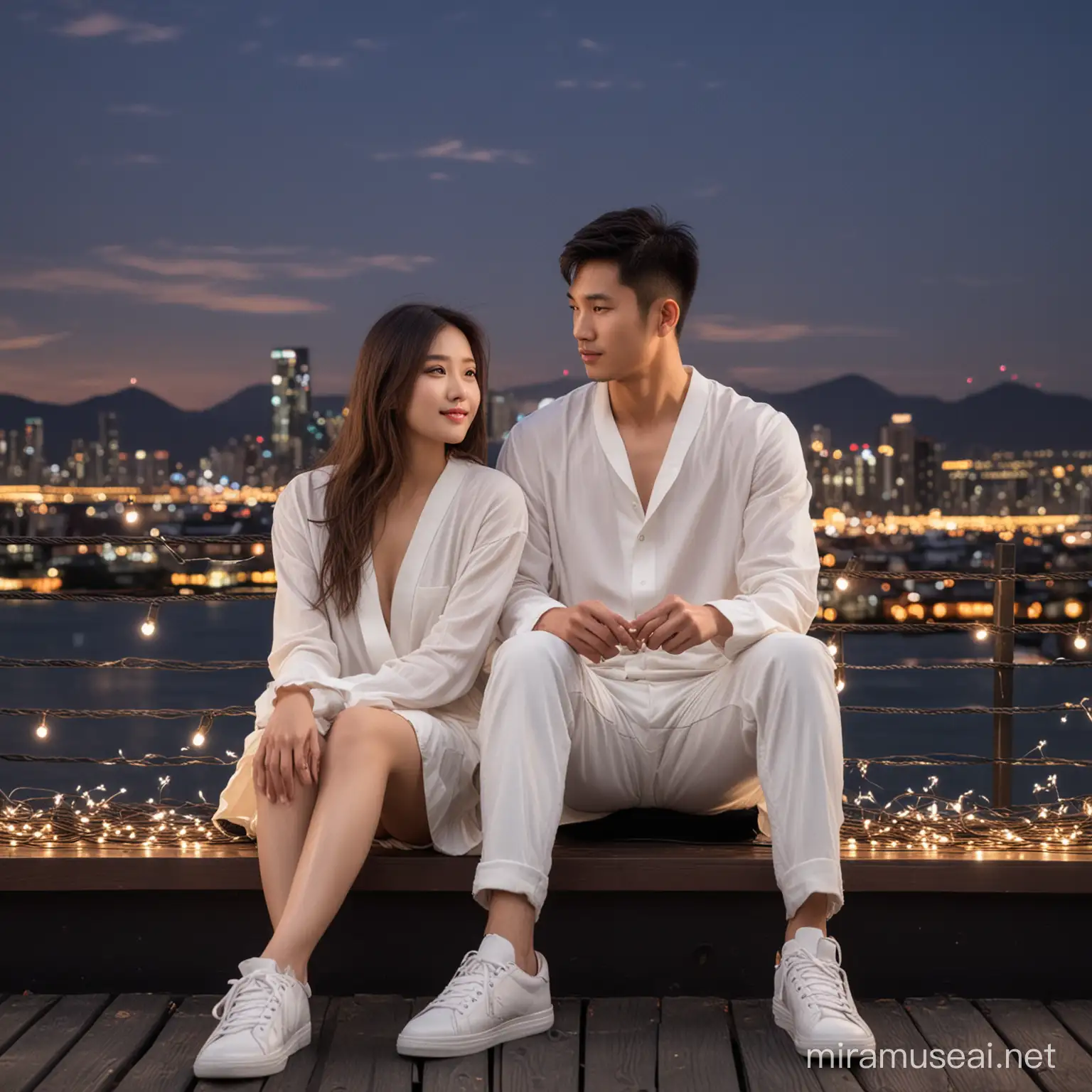 full body, long shot, asian man with neat short haircut, very thin body, sitting on a black wooden deck sofa with an Asian woman with long hair, they wear white clothes and shoes, surrounded by string lights, with a city view under the twilight sky in the background , profile picture , dreamy and romantic, face looking into the camera, wide shoot photography