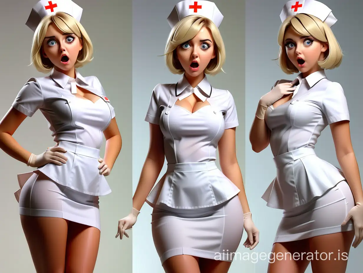 Young busty nurse 20 years old, model appearance, in nurse costume, blonde with straight bob hairstyle, bulging eyes in shock, drooling, admiration on the face, white long figure-hugging medical skirt with a large peplum, three angles, 8K ultra-high-definitioncollage, three angles, 8K ultra-high-definition
