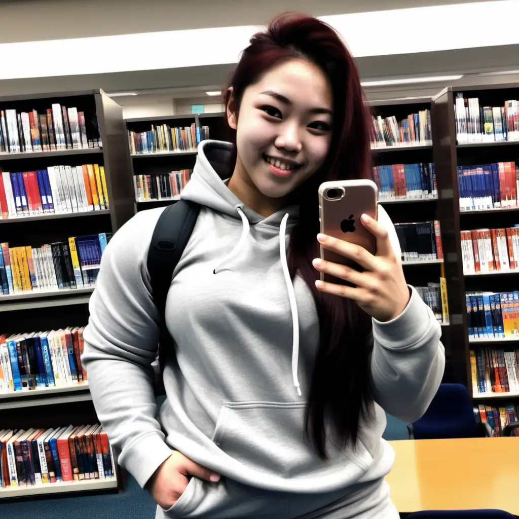 Candid selfie, a thick, bulky, heavily muscled 18 yo asian girl, built like a massive heavyweight powerlifter, face resembles Jisoo, smiling, thick muscular bulky thighs and a thick wide bulky upper body with thick heavy biceps and beefy triceps, is wearing tight hoodie and tight school trousers, at the school library, bulging muscles.