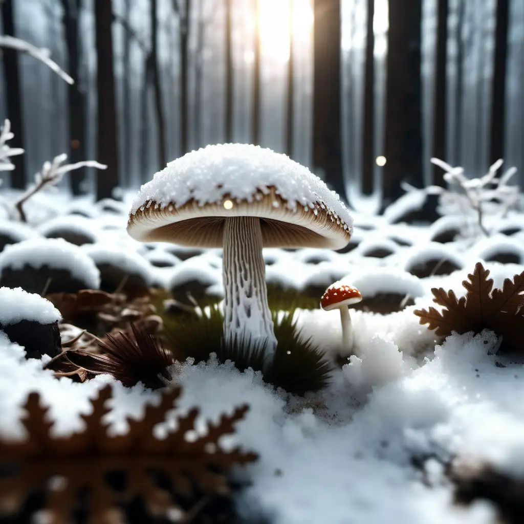 create cinematic snowy forest scenery, forest floor in foreground, glittering snow, one mushroom with snow on top, ultra 4K, volumetric light
