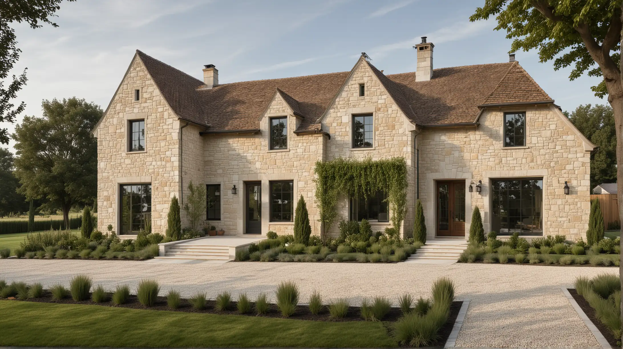 a large modern European farmhouse home  that is moody and organic; walnut wood, render, and limestone; manicured garden


