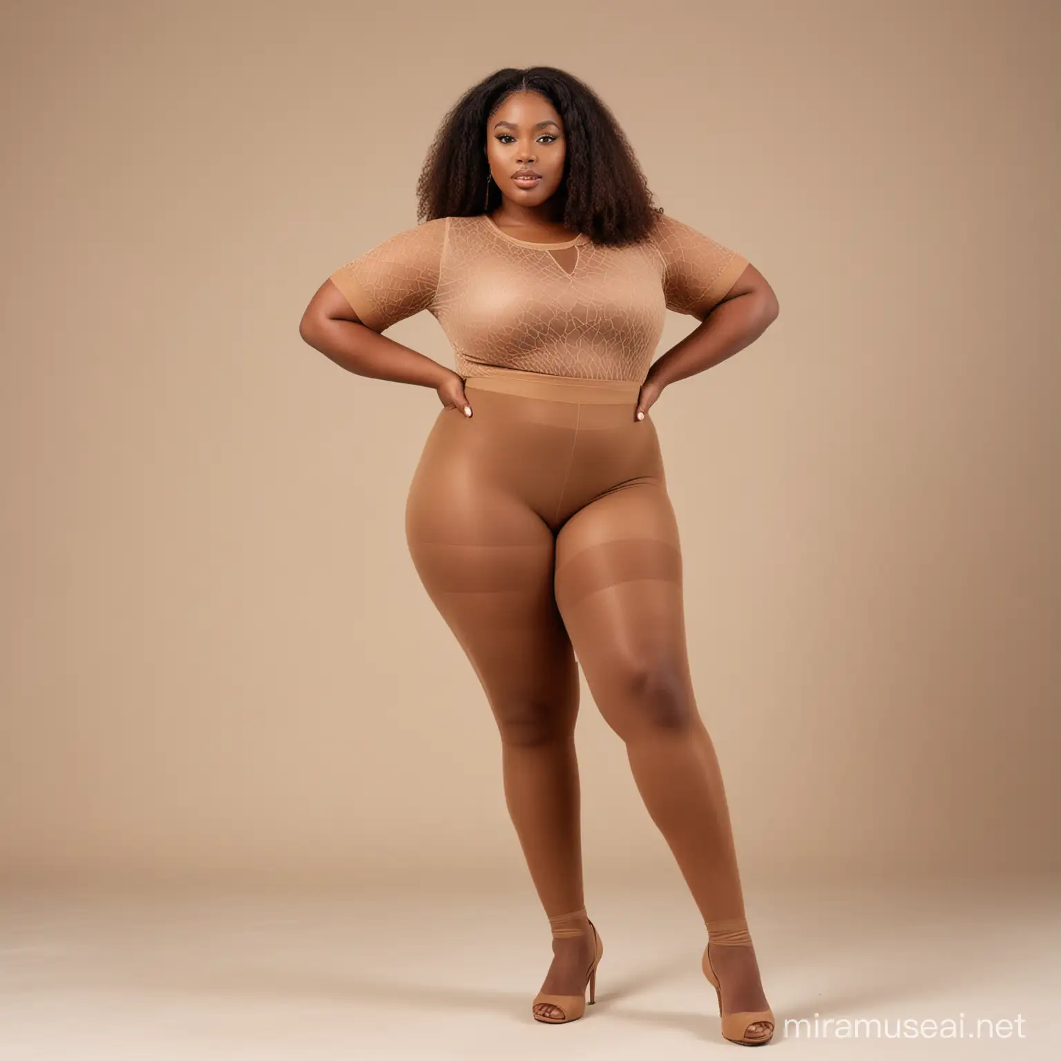 a full body photo of a light complexion nigerian plussize model wearing a brown sheer pantyhose 