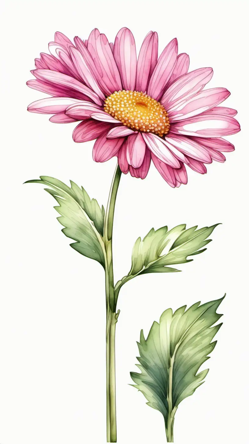 pink single daisy flower with long stem in and detailed petals in white background in watercolor pseudo style, leaning to the left, vibrant 