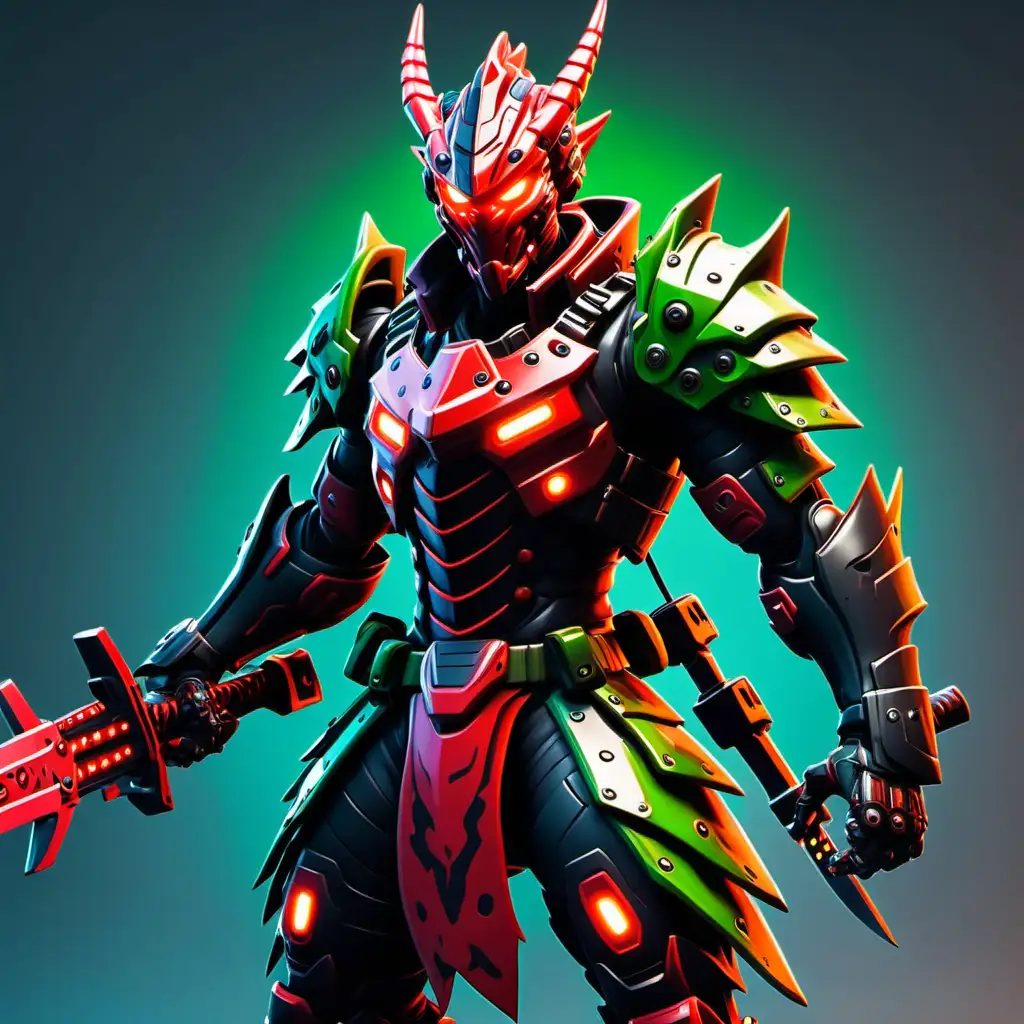 dragon themed samurai scifi cyberpunk mecha red and black armor with highlighted green glowing lights with 2 giant vibroblade katanas on hisback fortnite style skin with camo