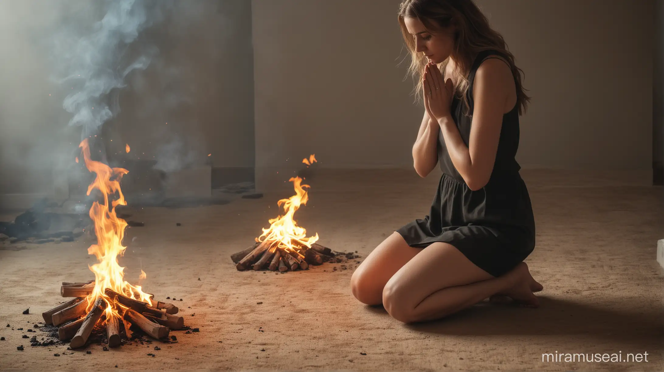 woman praying in knees and burning
