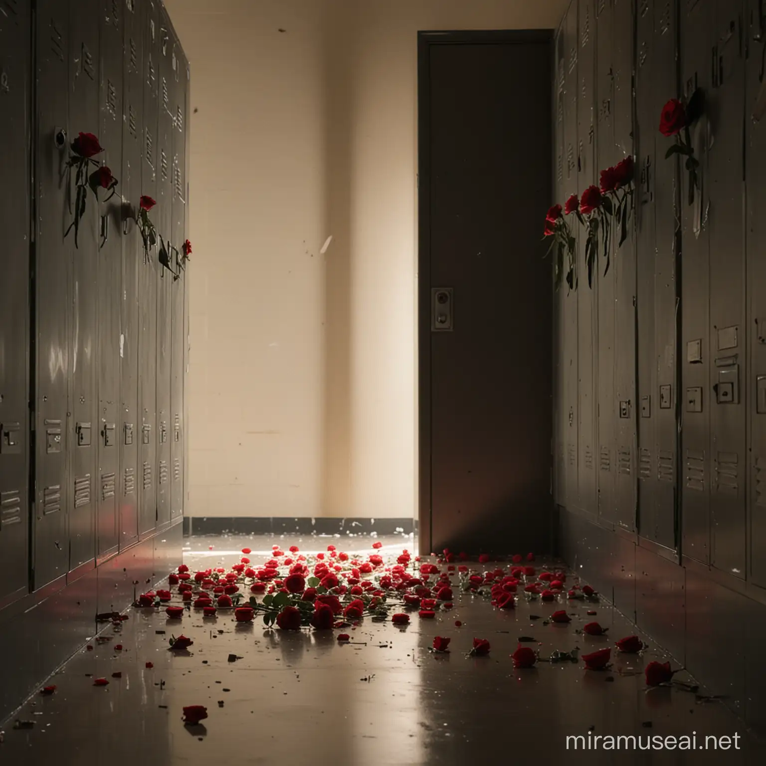 dark room with sun light shining at a bullet hole in a school locker hallway with a few roses on the ground