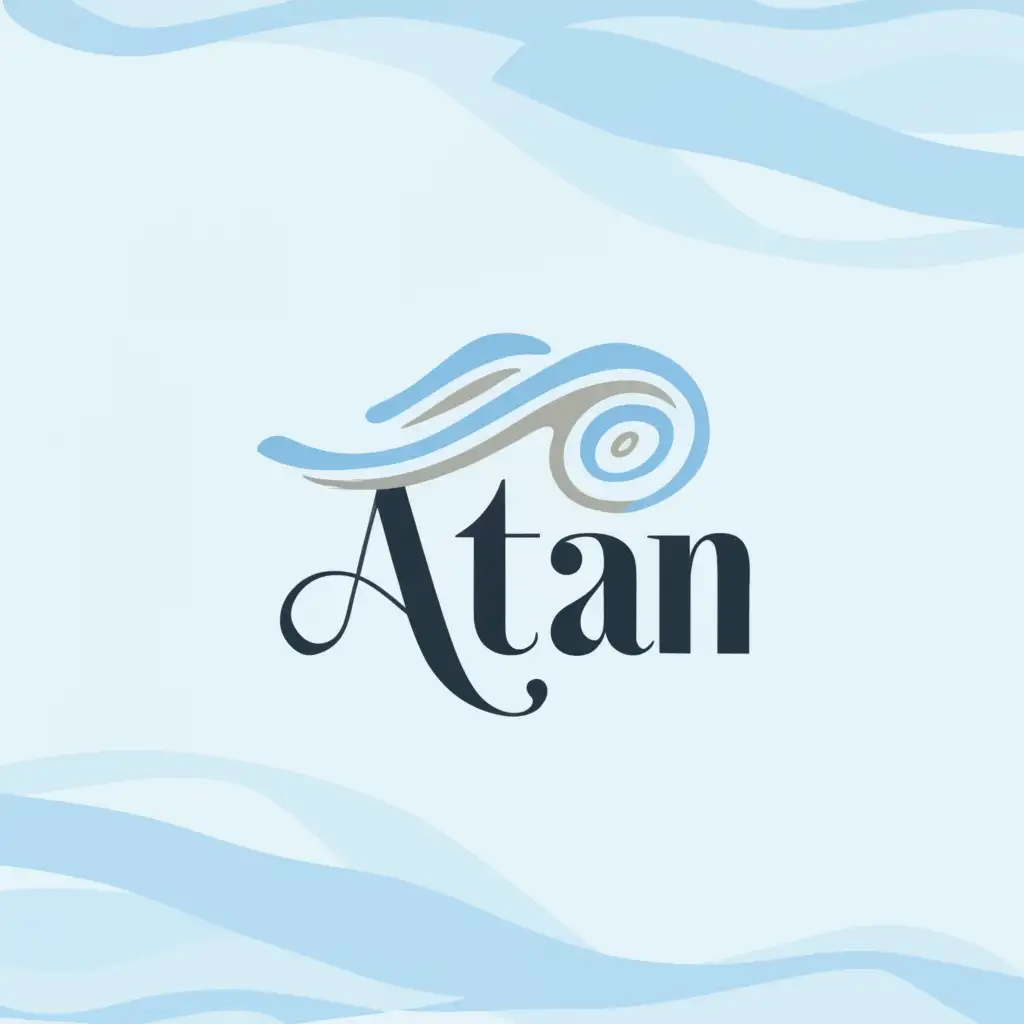 a logo design,with the text "Atan", main symbol:Name: Atan
Industry: Nature and Environment
Theme: Aquarium
Design Style: Calm and Simple
Colors: Sky Blue and Sea Blue
Design Elements: Gentle waves, fish silhouette, and water elements
,Moderate,clear background