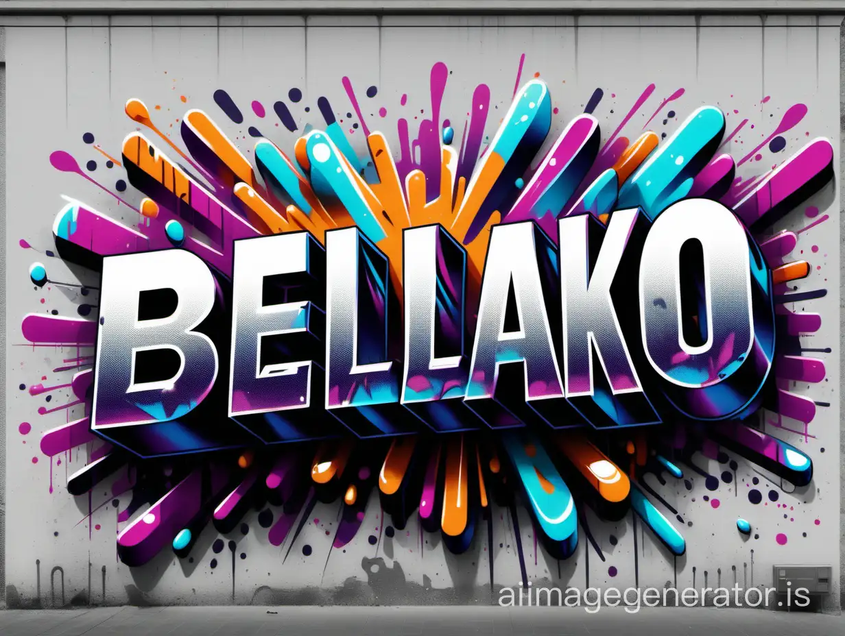create an image with the text "BELLAKO", graffiti style, with halftone effect from Kiko, with white background being a hyperrealism illustration, holographic shine colors in 4k
