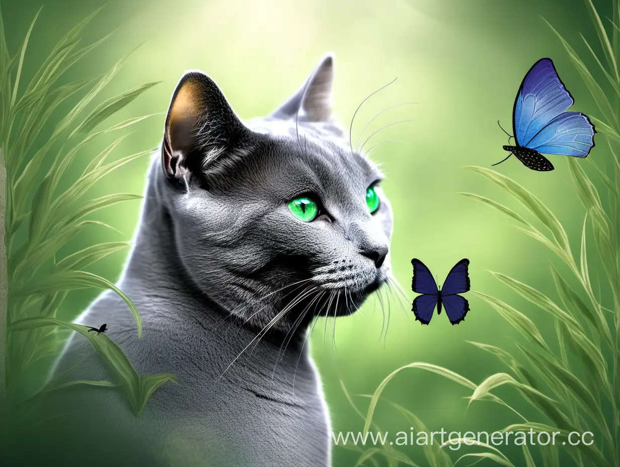 нарисованная красивая грациозная русская голубая кошка на природе зелеными глазами с бабочкой которая сидит на носу