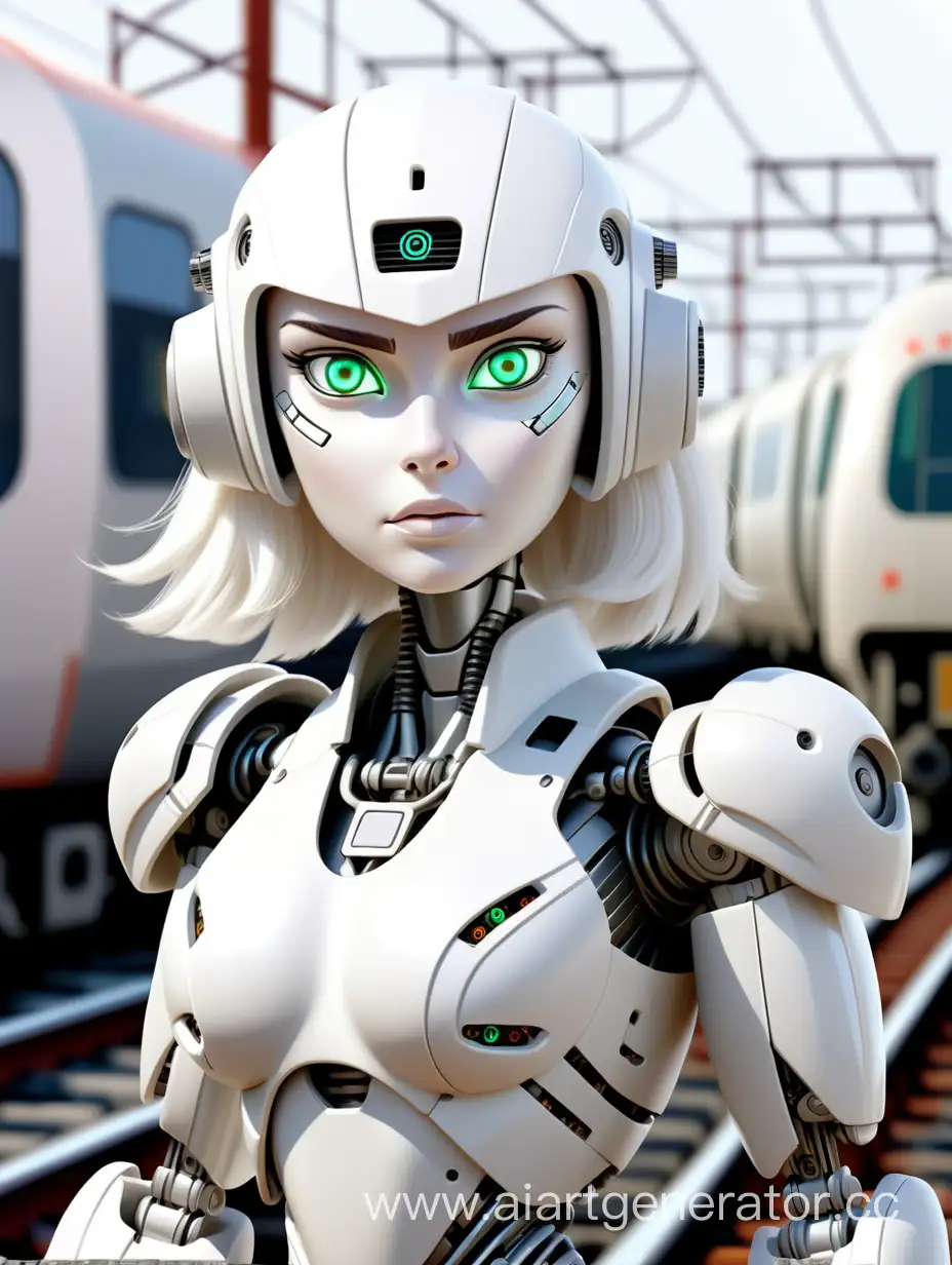 Современный белый робот защитница женщина, с микросхемами на броне, щит в руках на белом фоне железнодорожные пути и скоростные поезда