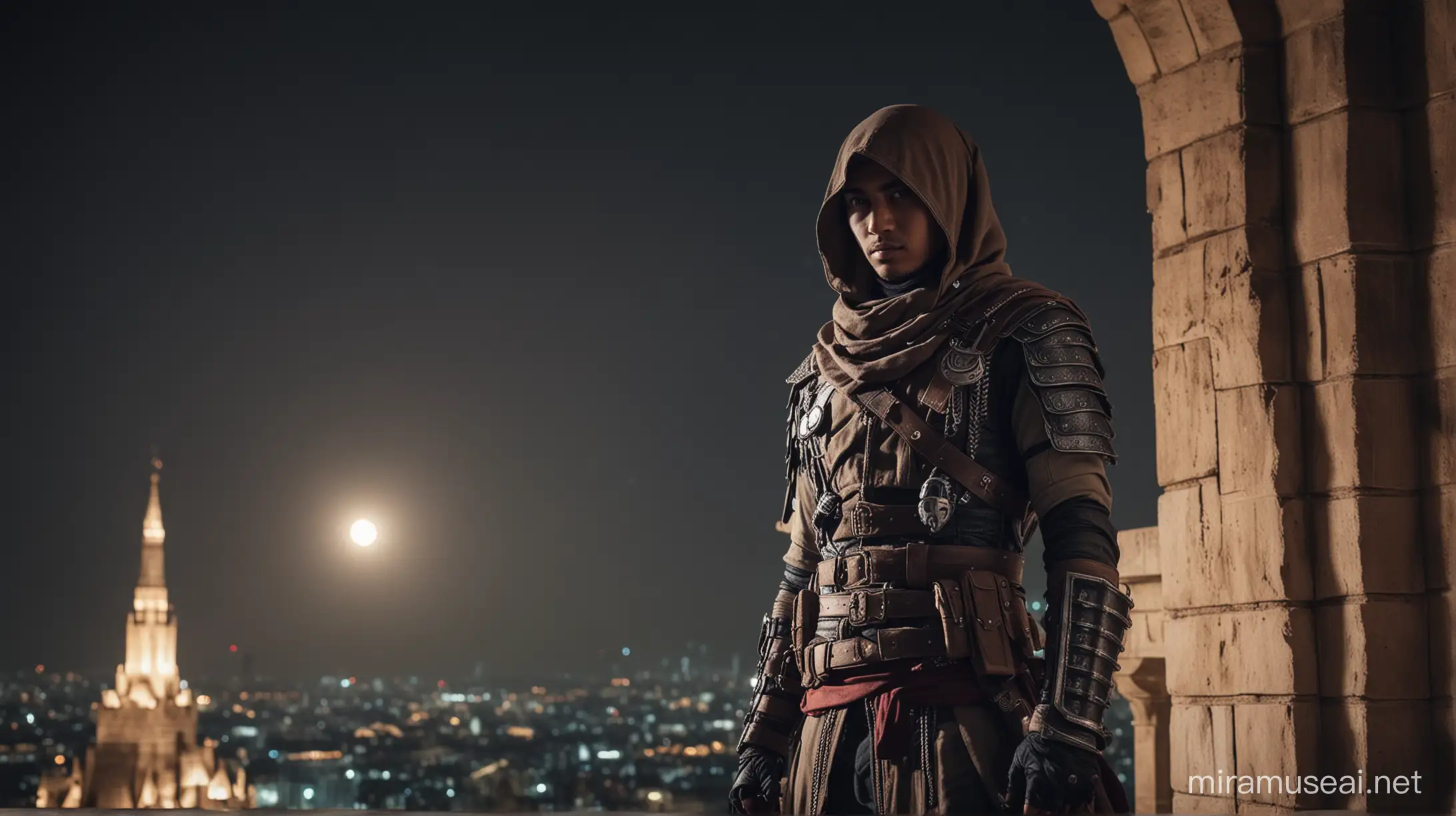 Young Indonesian Man Cosplaying as Arabian Muslim Assassin Commander on Royal Tower at Night