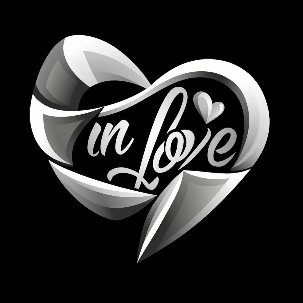 logo, abstract three-dimensional heart effect in black and white, with the text " in love", typography, be used in Entertainment industry